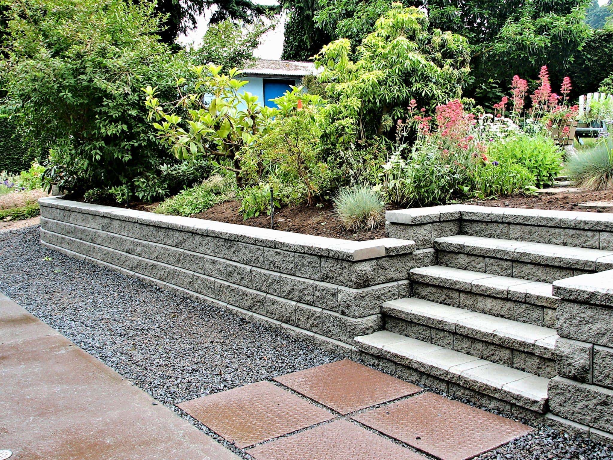 A retaining wall with built in steps 