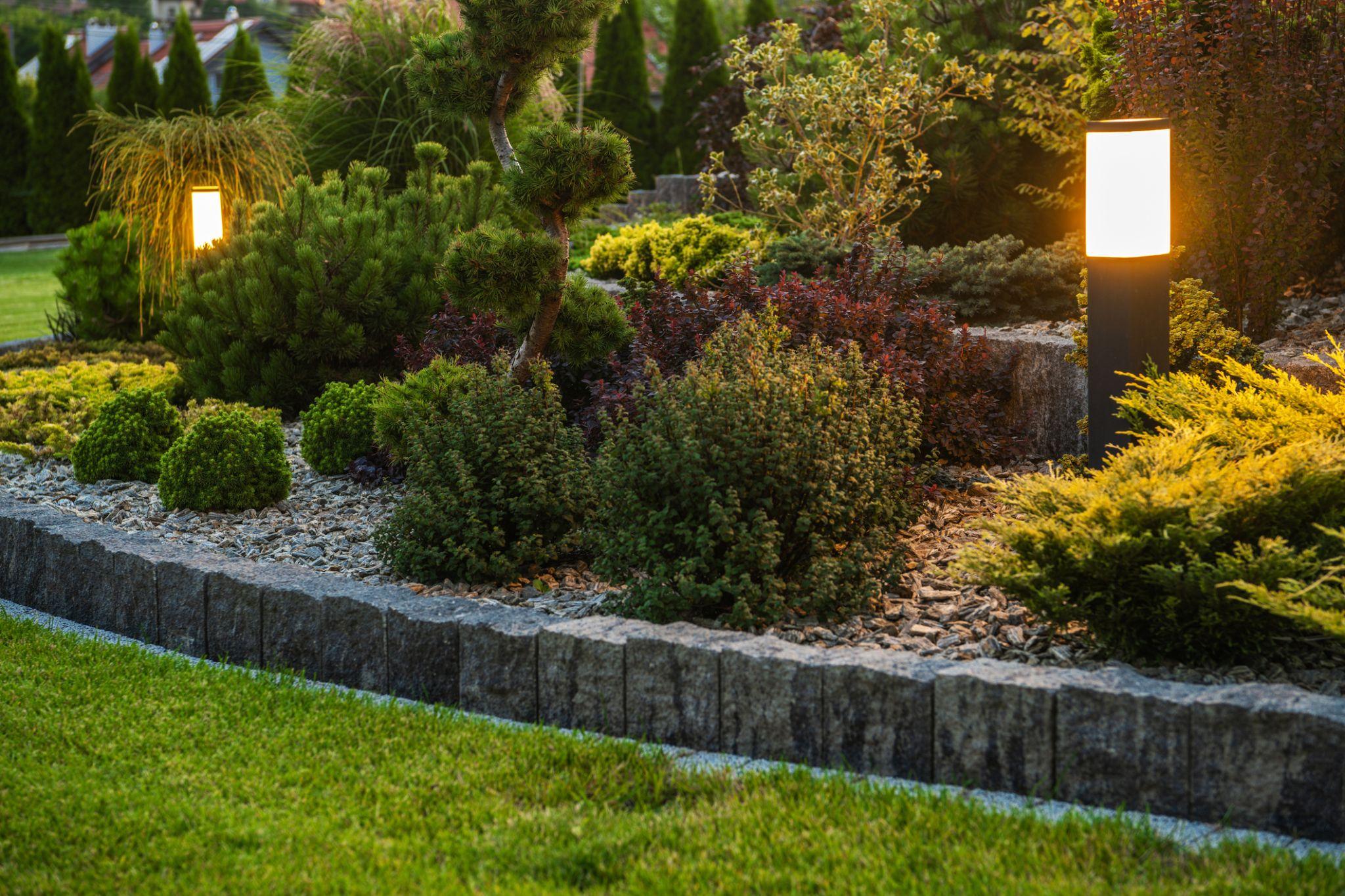 Modern Outdoor LED Garden Lighting Inside Beautiful Mature Residential Backyard. 